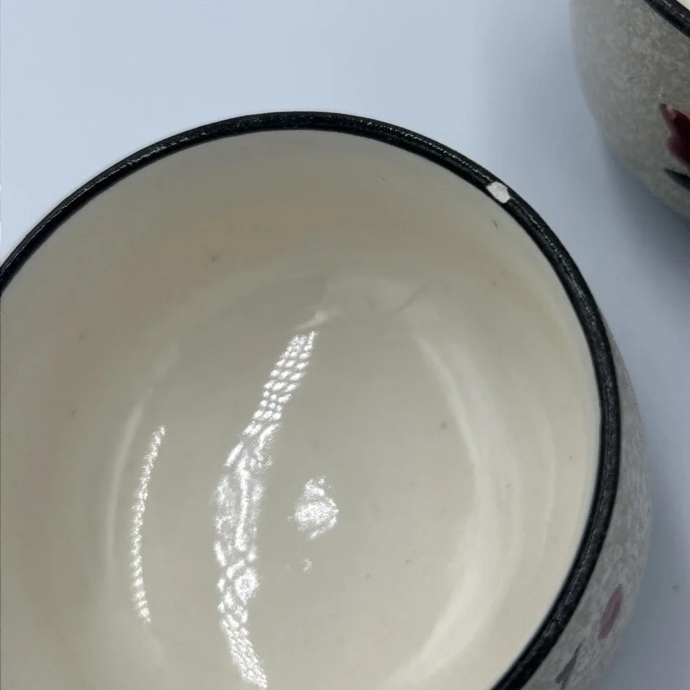 VTG Japanese‎ Teapot & 4 Cups Set Bamboo Handle Stoneware RED WHITE BLACK FLORAL